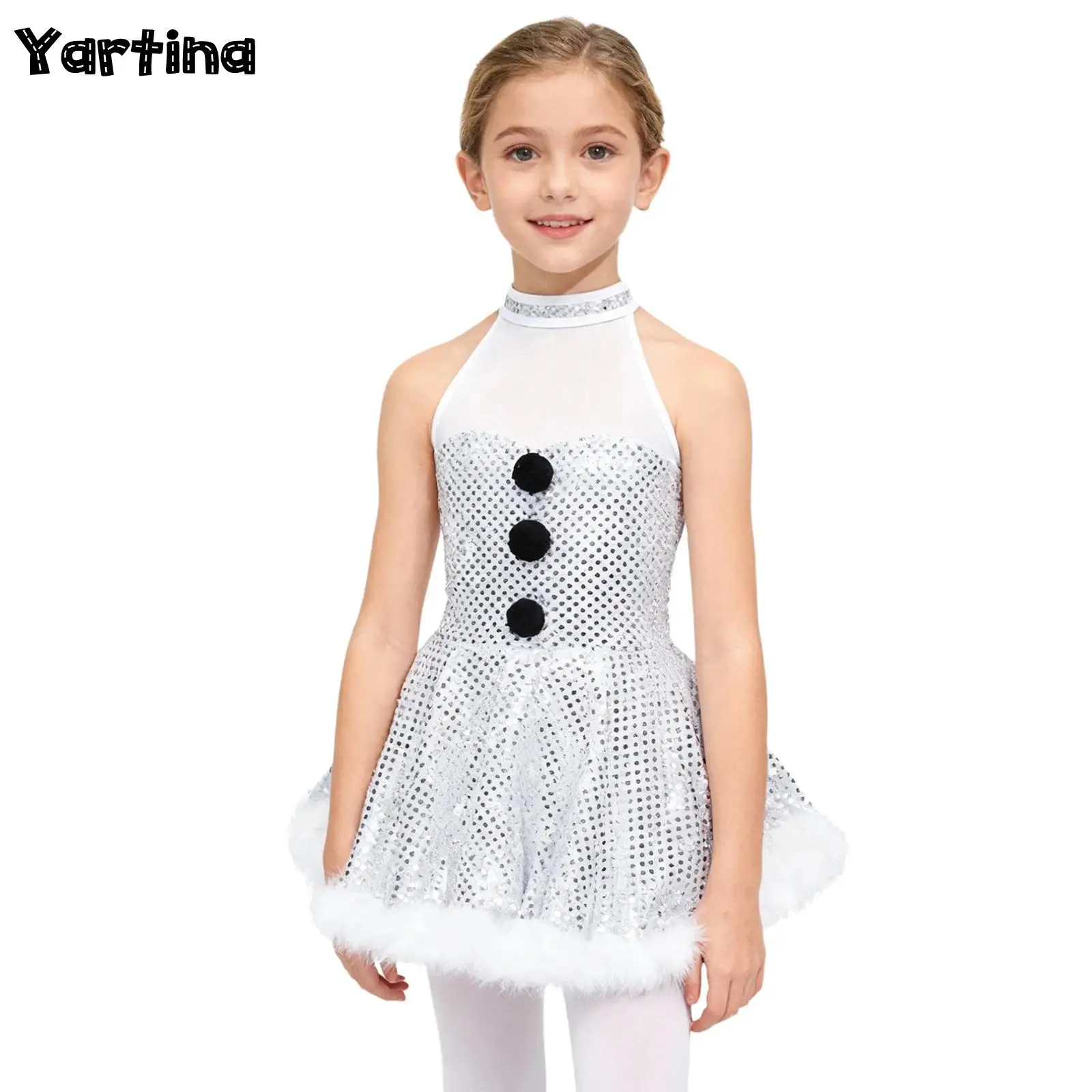 

Girls Shiny Sequins Christmas Xmas Santa Snowman Cosplay Costume Figure Ice Skating Roller Skating Twirling Dress Dancewear