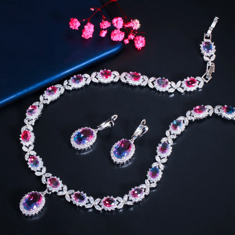 

Luxury Cubic Zircon Necklace Earrings Set Bridal Women Wedding Dinner Jewelry Statement Choker Crystal Tourmaline Stone Chain