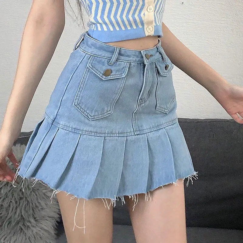 Denim Short Skirt Ruffles Rough Edge High Waist Preppy Style Casual Zipper Fly Safety Summer Streetwear Mini Jeans Skirt Women