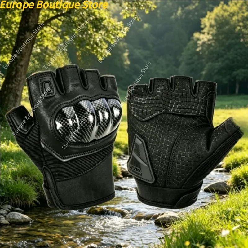 Half Finger Motorcycle Gloves Genuine Leather Carbon Fiber Shell Summer Breathable Anti Fall Riding Gear For Men