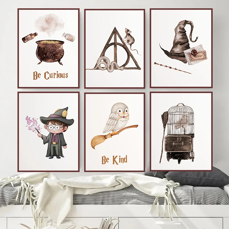 Wizard Magic Flying Broom Owl Train P-Potter Wall Art Canvas Painting Nordic Posters and Print Wall Picture Baby Kids Room Decor