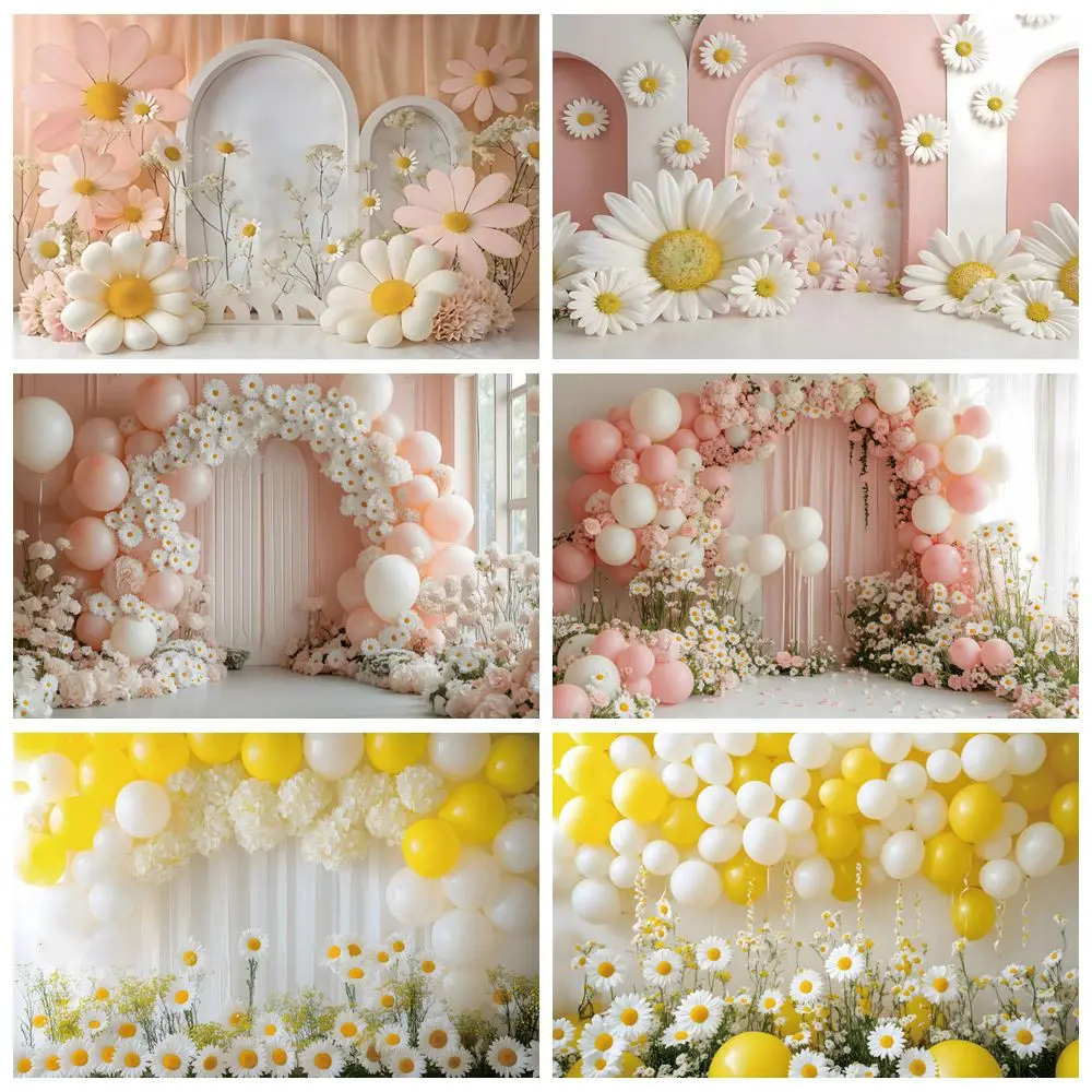 Spring Daisy Flowers Photography Backdrop Balloons Interior Wall Birthday Party Cake Smash Kids Portrait Photocall Background