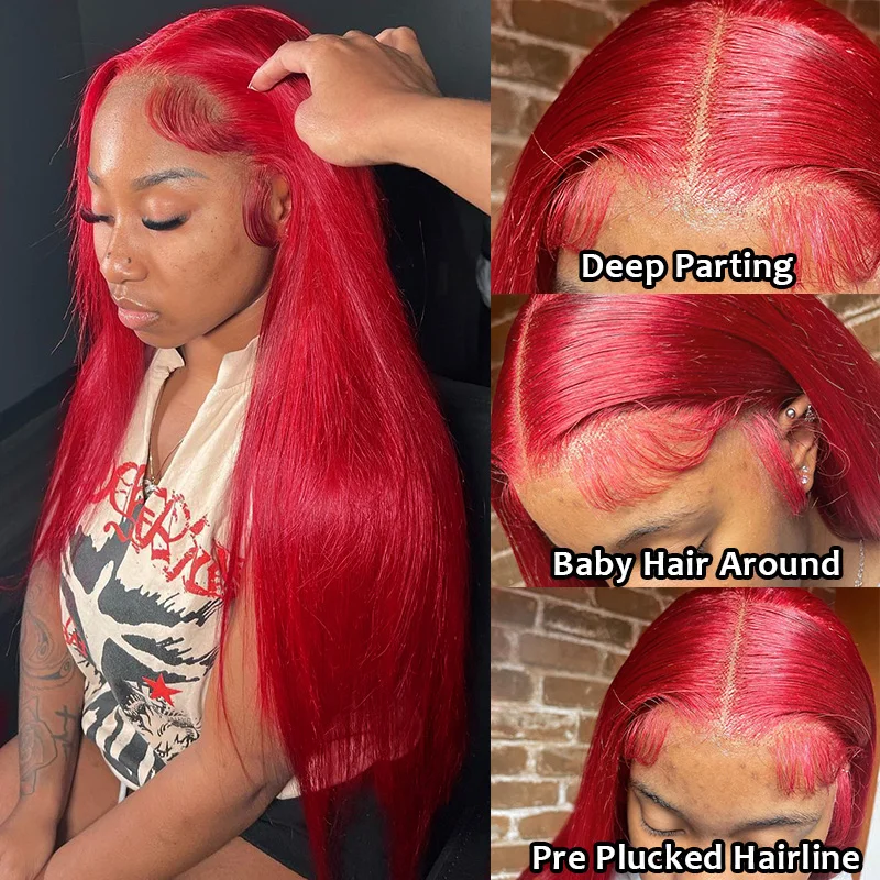 Rode 13X6 Lace Front Menselijk Haar Pruiken Pre Geplukt Rechte 99J Transparant Kant Frontale Pruik Voor Vrouwen remy Haar Vetersluiting Pruik