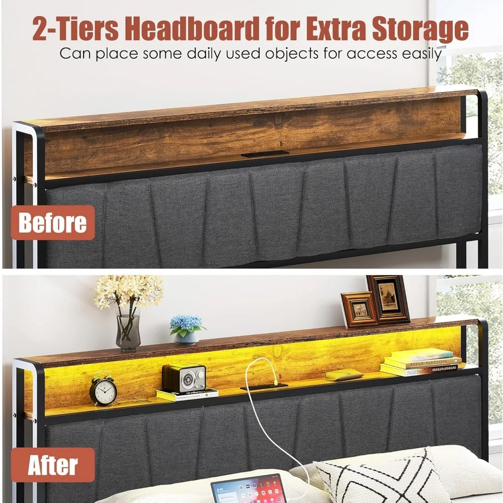 إطار سرير مزدوج الحجم من soges، لوح رأسي للتخزين مع محطة شحن، إطار سرير معدني ثابت مع أدراج، خالي من الضوضاء، بدون صندوق Spri