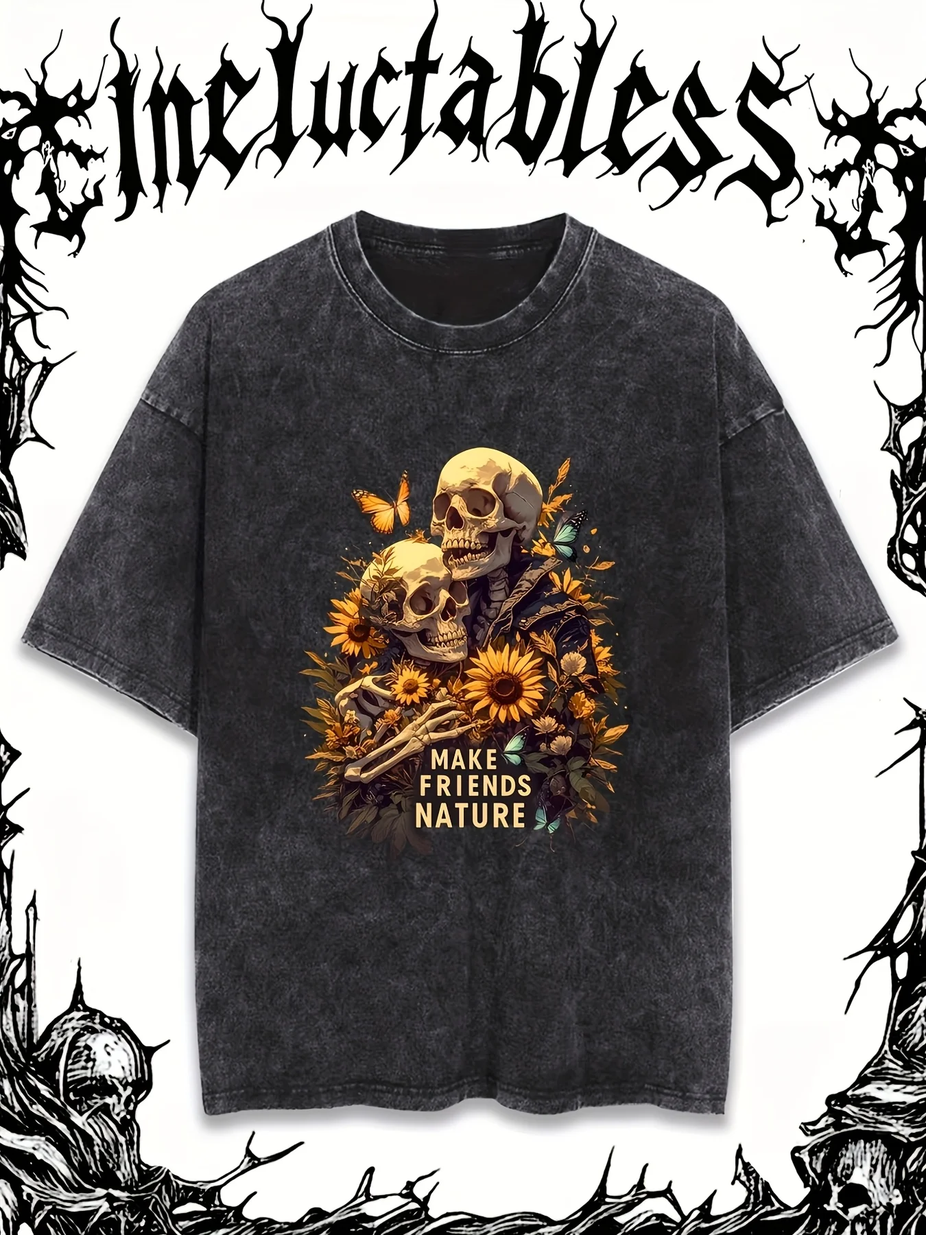 Men's Loose-Fit Washed Denim T-Shirt with Skull and Sunflower Pattern - 