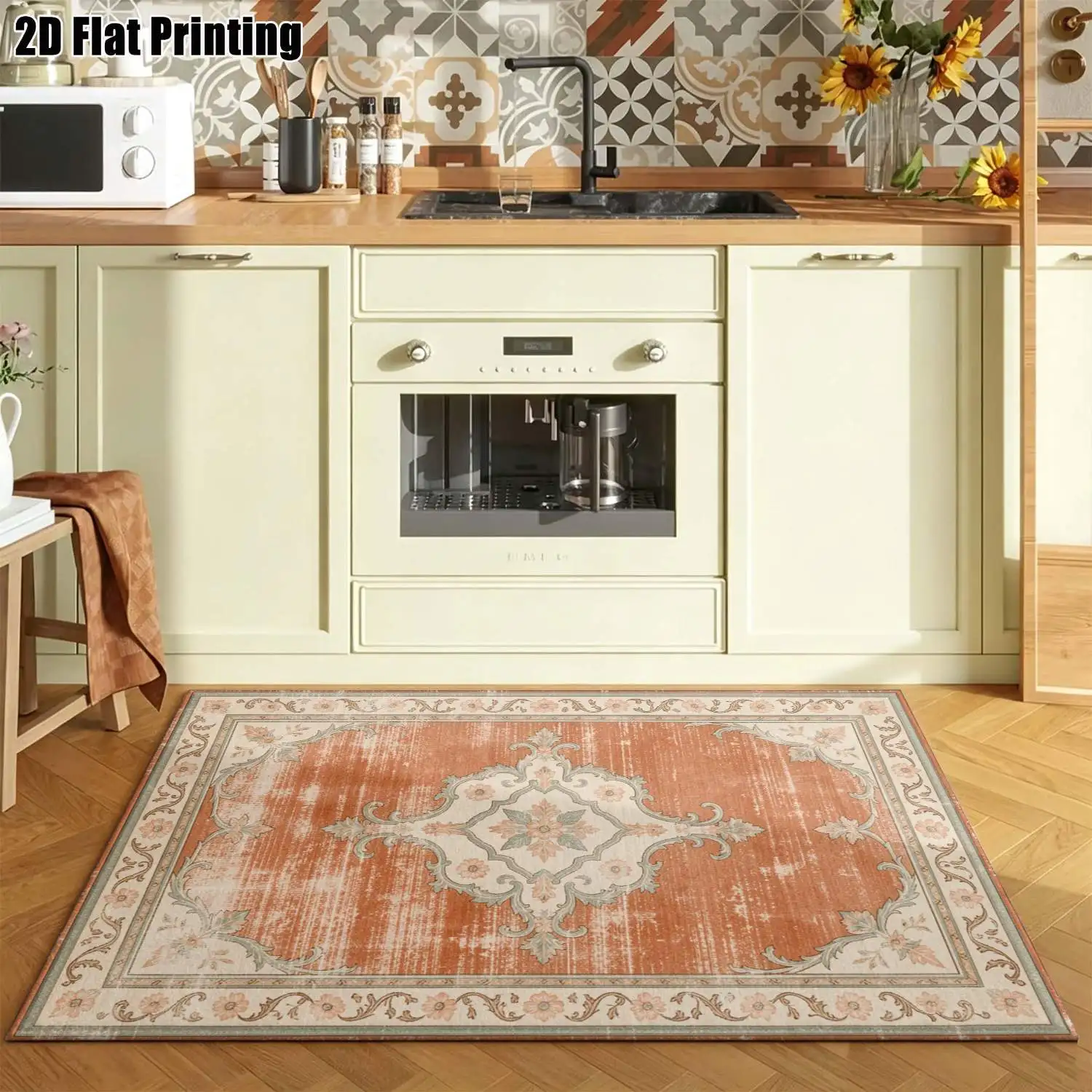 1Pc 2D Printed Retro Orange Floral Carpet: European Style Home Decor Rug, Multi-Size, Machine Washable, for Entrance, Dining, Foyer, Living Room, Bedroom