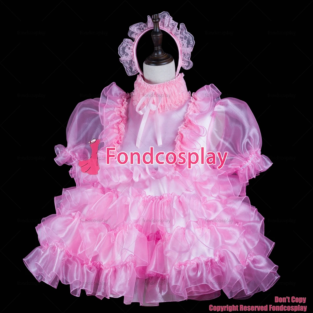 Fondcosplay adulto sexy travesti sissy maid corto bebé rosa satén organza vestido con cerradura uniforme disfraz CD/TV [G2409]