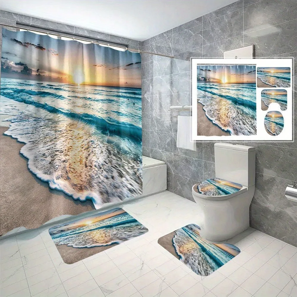 

Ocean Wave Beach Theme Bathroom Set with Waterproof Polyester Bath Curtain and Accessories, 4pcs Coastal Scenery Bath Decor with