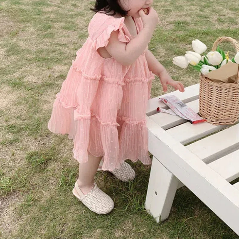 

Sweet Cute Summer New Girls Solid Color Crew Neck Polka Dot Spliced Ruffles Fashion Loose Sleeveless Ventilate Playful Dress