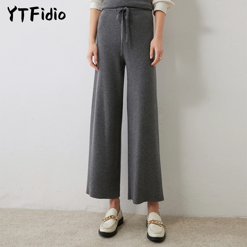 YTFidio 100% Cashmere Women Wide-Leg Pants Ladies New Pit Knitted Straight Pants Long Thick Casual Pants High Waist High-End 38