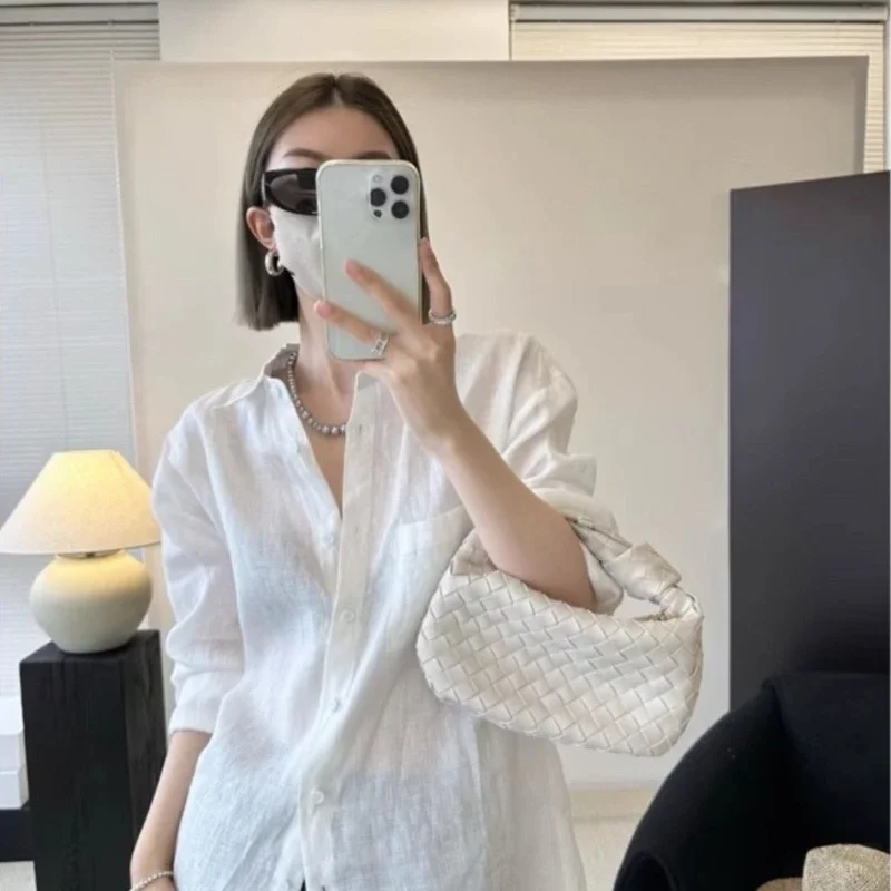 

White Linen Long-sleeved Shirt for Women Summer Thin Loose Old Money Style Cotton and Linen Shirt with Sun Protection Top JJ55