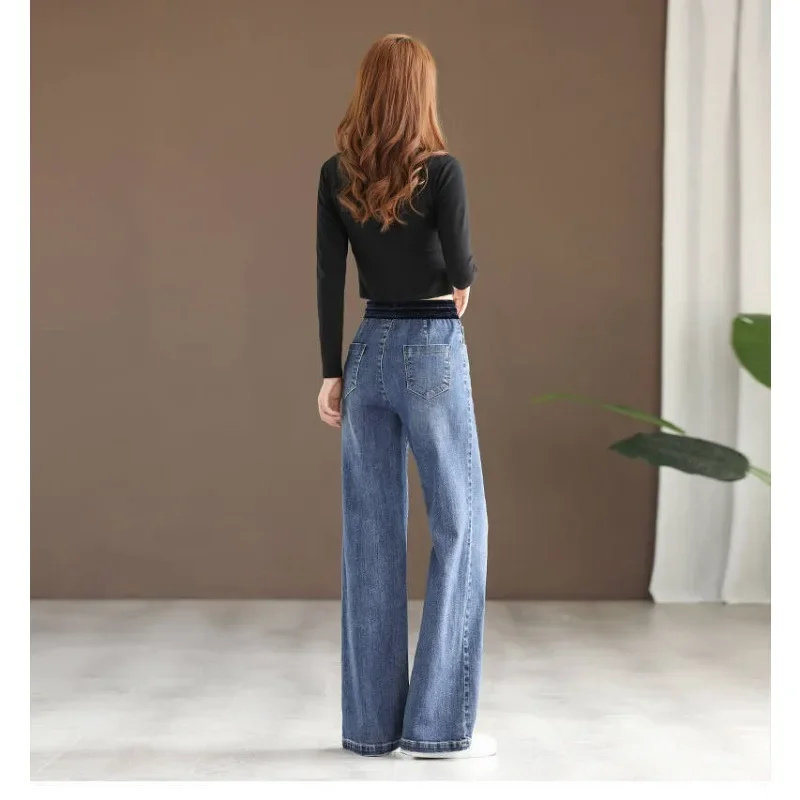 Oversize Elastic High Waist Wide Leg Jeans Vintage Lace Up Baggy Vaqueros Spring Casual Denim Pant Wash Straight Trousers Women