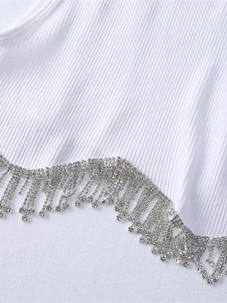High Street Sexy Hem Tassel Diamond Beading Ogo T Shirt, Chic Short Camis, Precious Lady Slim Crop, Glay