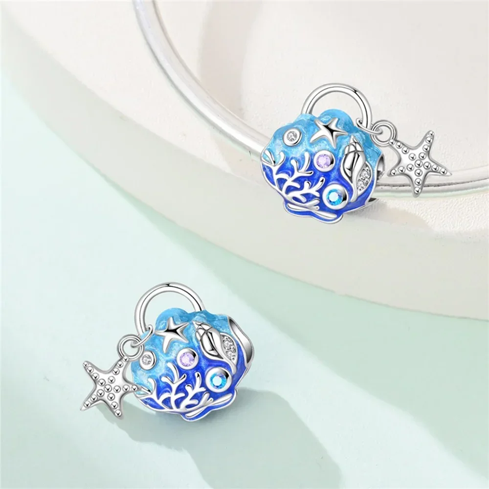 925 Sterling Silver Glittering Luminous Blue Heart Shells and Snakes Charm Fit Original Bracelet Women Necklace Jewelry Gift
