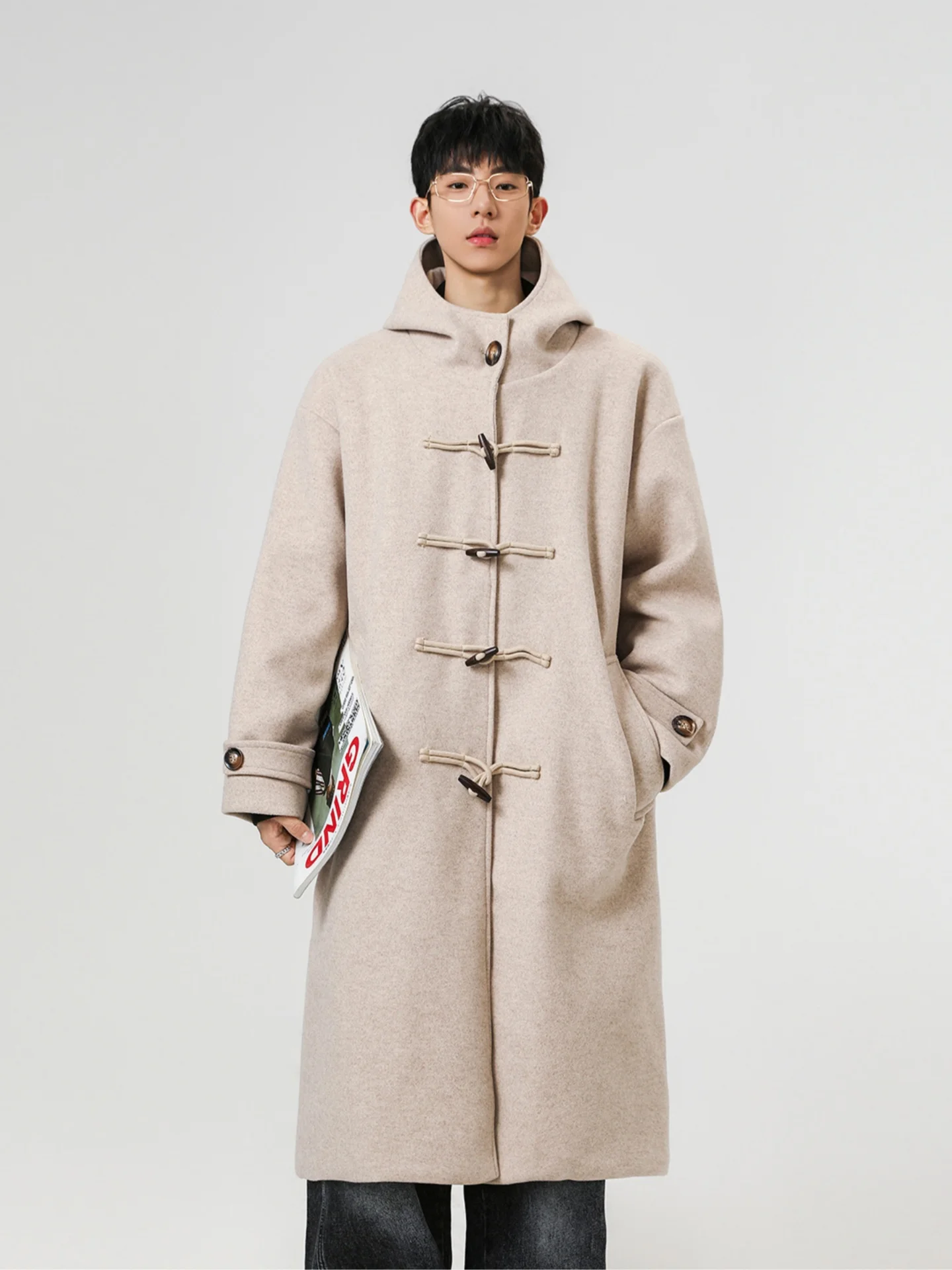 

Мужское длинное шерстяное пальто с капюшоном, утепленное, осенне-зимнее, теплое, модное, молодежное, с прямым подолом, на одной пуговице