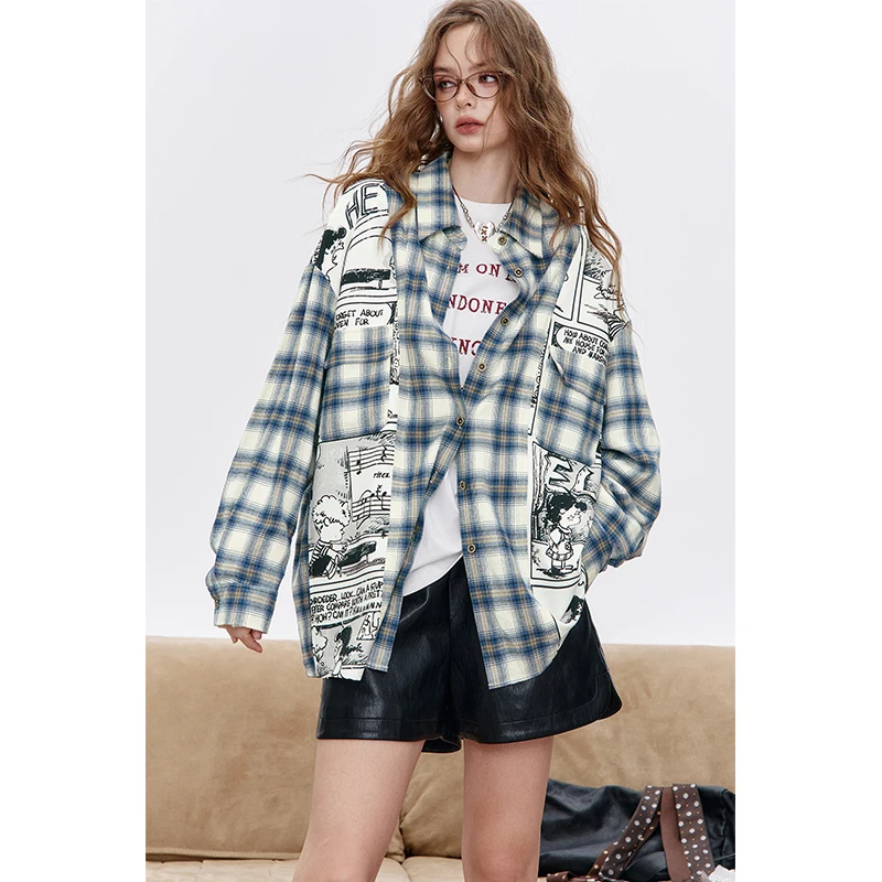 Elfsack 2025 outono nova chegada casual streetwear solto xadrez animação impressão camisa de manga longa para mulher