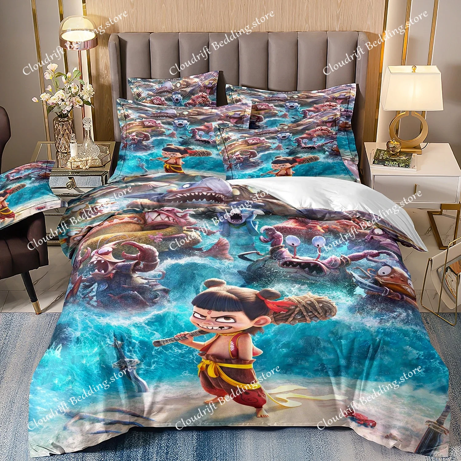 Chinese animated films Ne Zha 2 Anime Duvet Cover set, Anime Home Textile Microfiber Bedding Set 3D Digital Printing Set