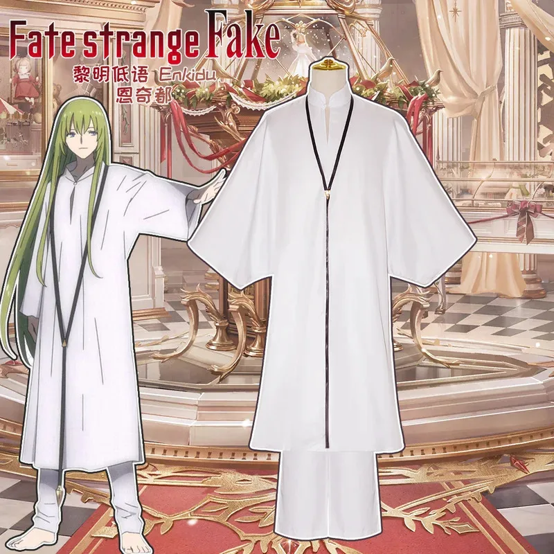 Anime Fate Grand Order Enkidu Kimono Cosplay Costume White Robe Green Wig Halloween Party Set Strange Fake Whispers of Dawn eo]5