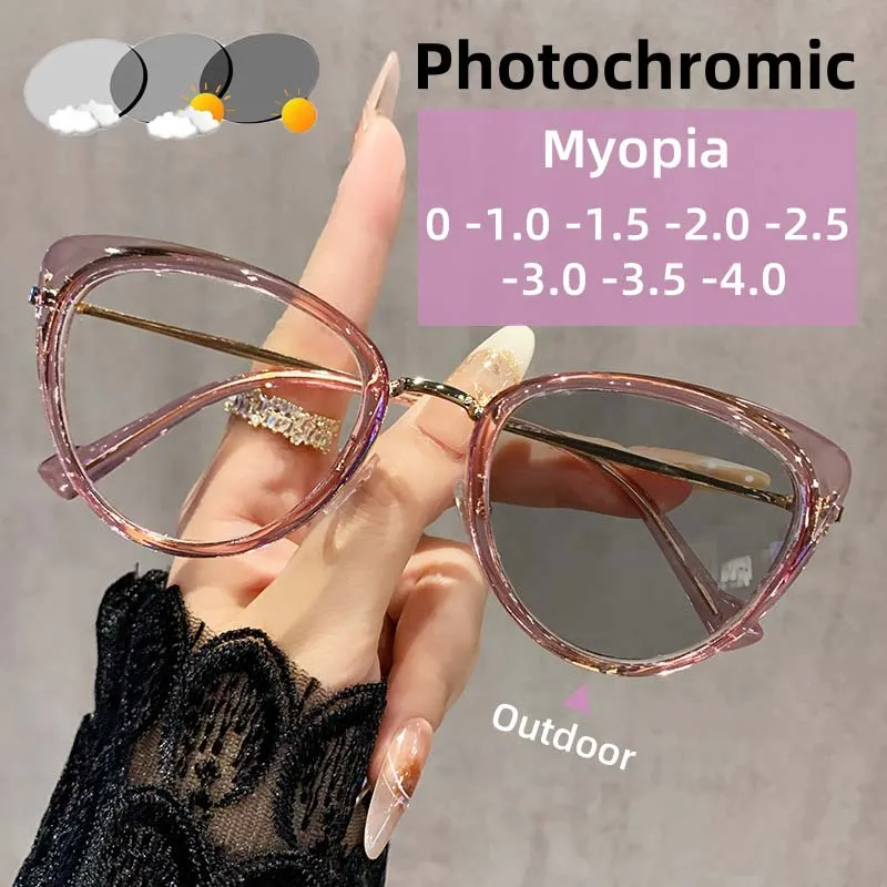 

Fashion Cat Eye Photochromic Myopia Glasses High-end Metal Anti Blue Light Glasses Optical Prescription Eyeglasses 0 TO -4.0