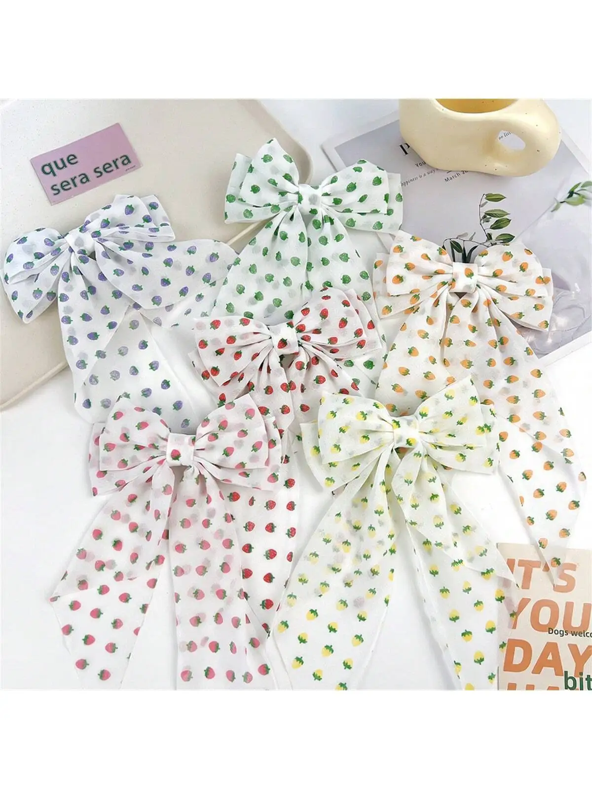 1 forcina per capelli da donna Girly Heart streamer Bow hairpin Strawberry polka Dot Princess back head Fairy long bow Hairpin headpiece