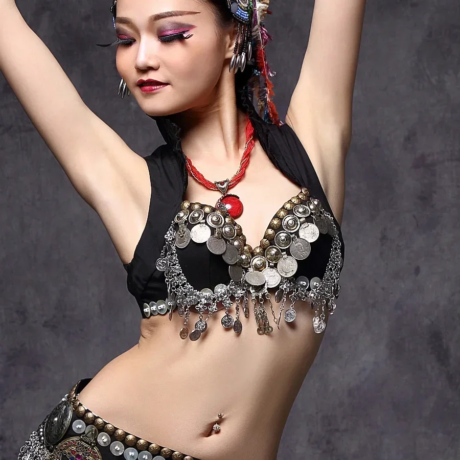 New 2018 ATS Belly Dance Clothes Tops Metallic Studs Push Up Beads Gypsy Bra B/C CUP Vintage Coins Top Tribal Belly Dance Bra