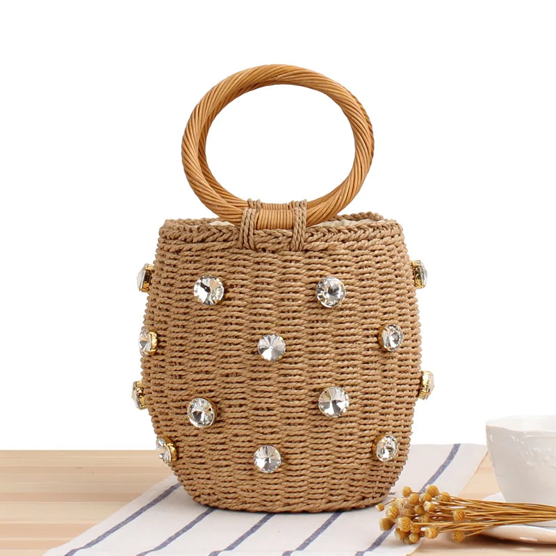 

Summer Round Rattan Handmade Diamond Pearl Bag Bohemian Casual Grass Woven Bag Bucket Shaped Knitted Shoulder