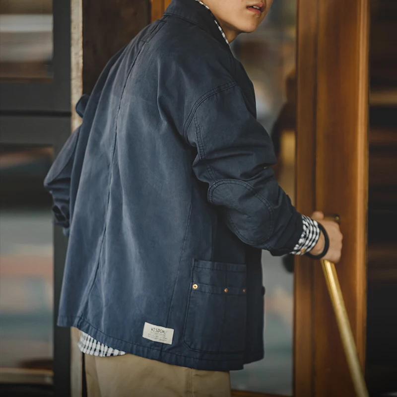 Maden Jaqueta masculina azul-marinho estilo cazadora Gola virada assimetrica vários bolsos Casaco casual de algodão Roupa exterior solta Tamanho