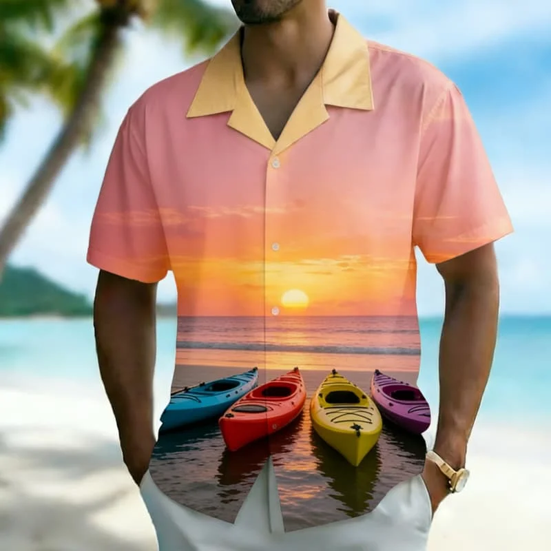 Men's Premium Ocean Sunset Print Button Up Shirt Versatile Summer Look for Hawaii Vacation Pool Party Outdoor Adventure