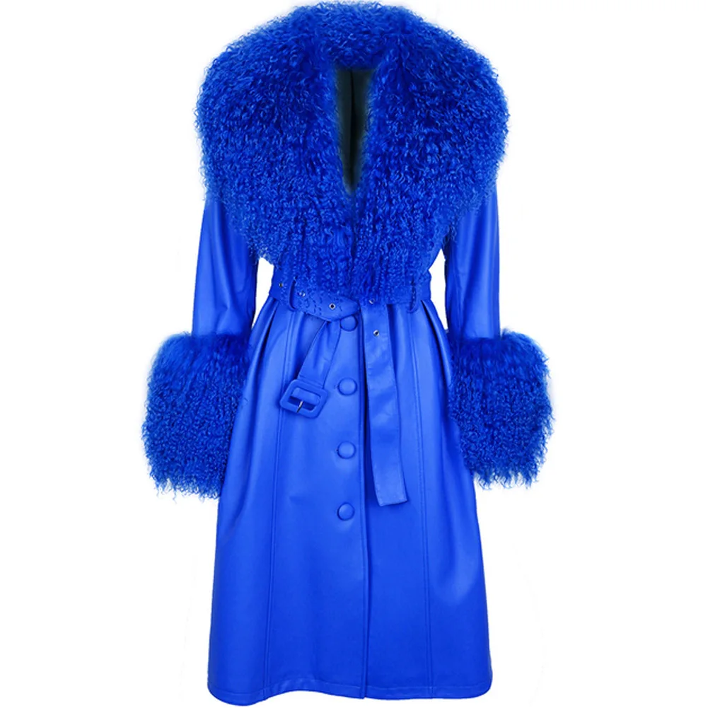 Denny&Dora Plus Size Women Genuine Leather Trench Coat With Mongolia Sheep Fur Collar Long Royal Blue Coat