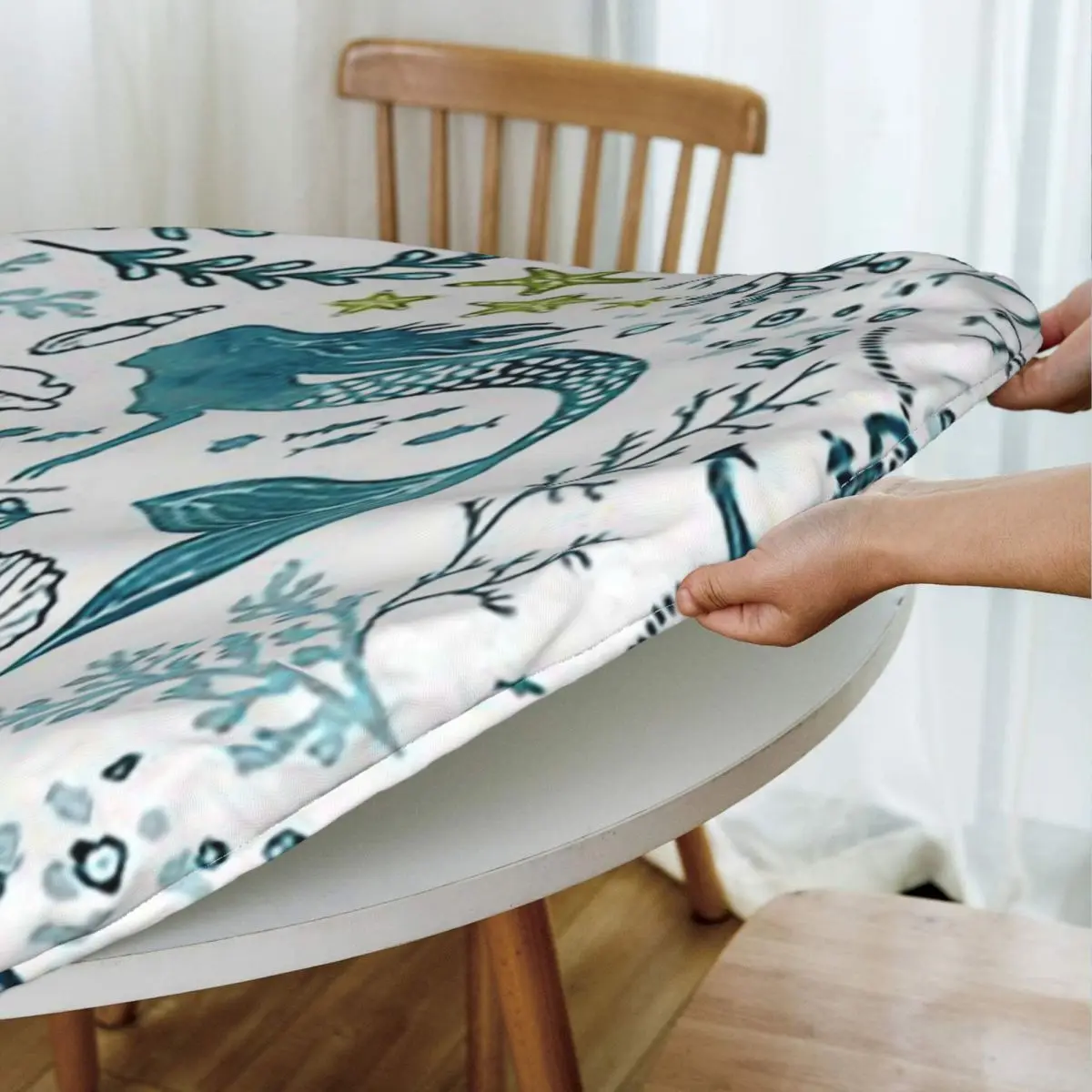 Mermaid Ocean Light Waterproof Round Tablecloth Oilproof Table Cloth for Kitchen Events Dining Table Cover