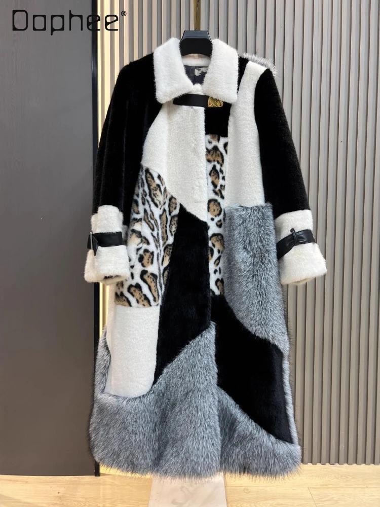 2025 Winter New Leopard Print Color-Block Long Faux Fur Coat for Women Fashion Thickened Warm Overcoat Fluffy Jacket