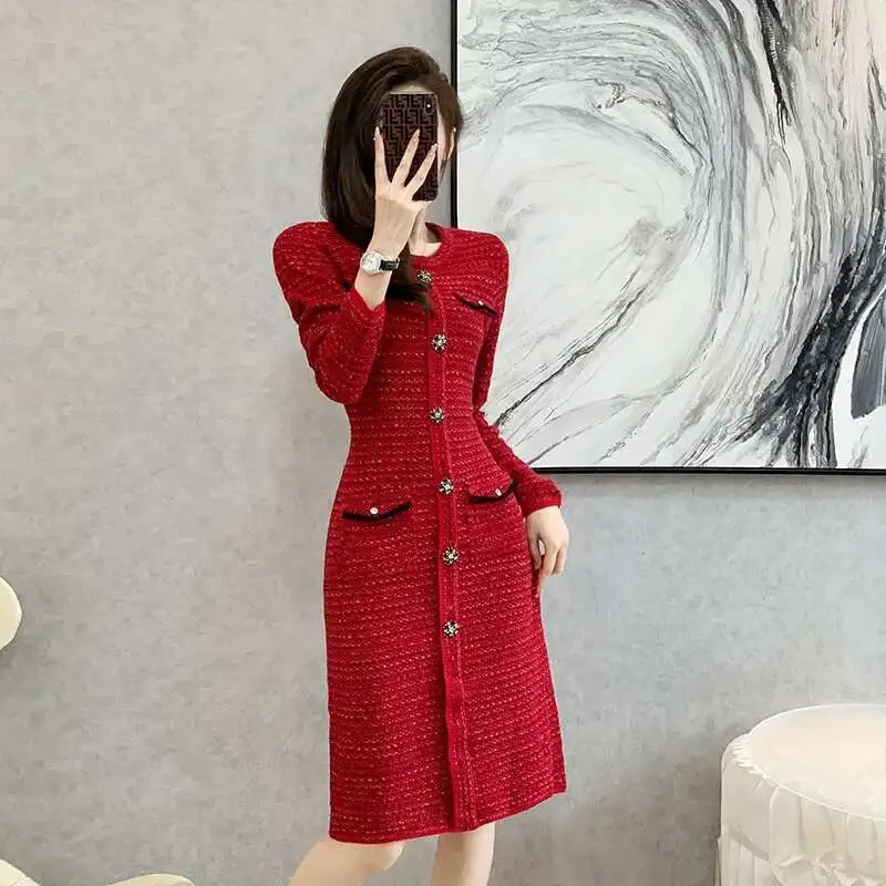 #0908 Autumn Winter Red Office Sweater Dress Women Round Neck Buttons Knitted Dress Female Elegant Stretch Vestidos Knee-length