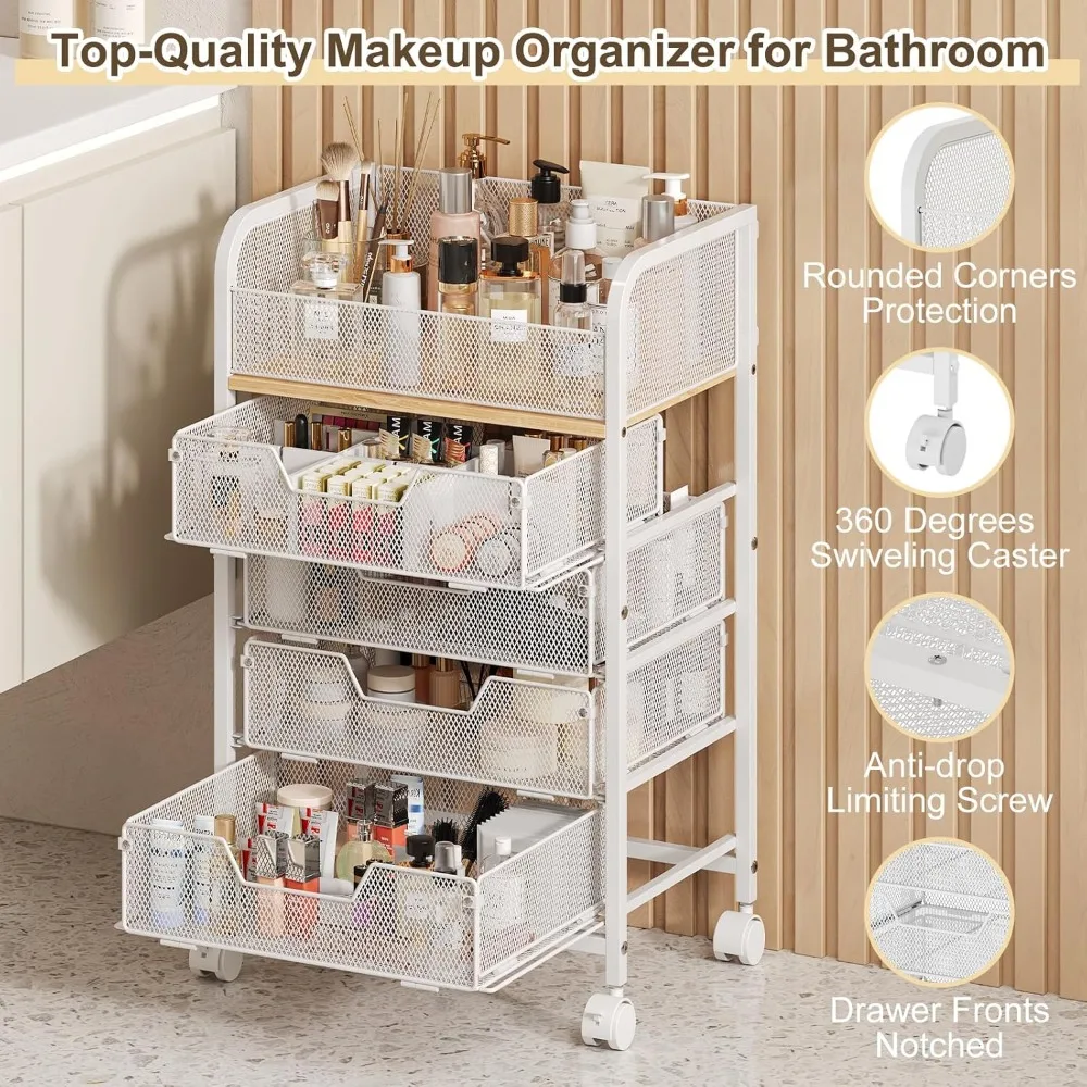 4-Drawer Rolling Makeup Cart with Large Capacity, Mobile Vanity Organizer for Skincare and Cosmetics, White