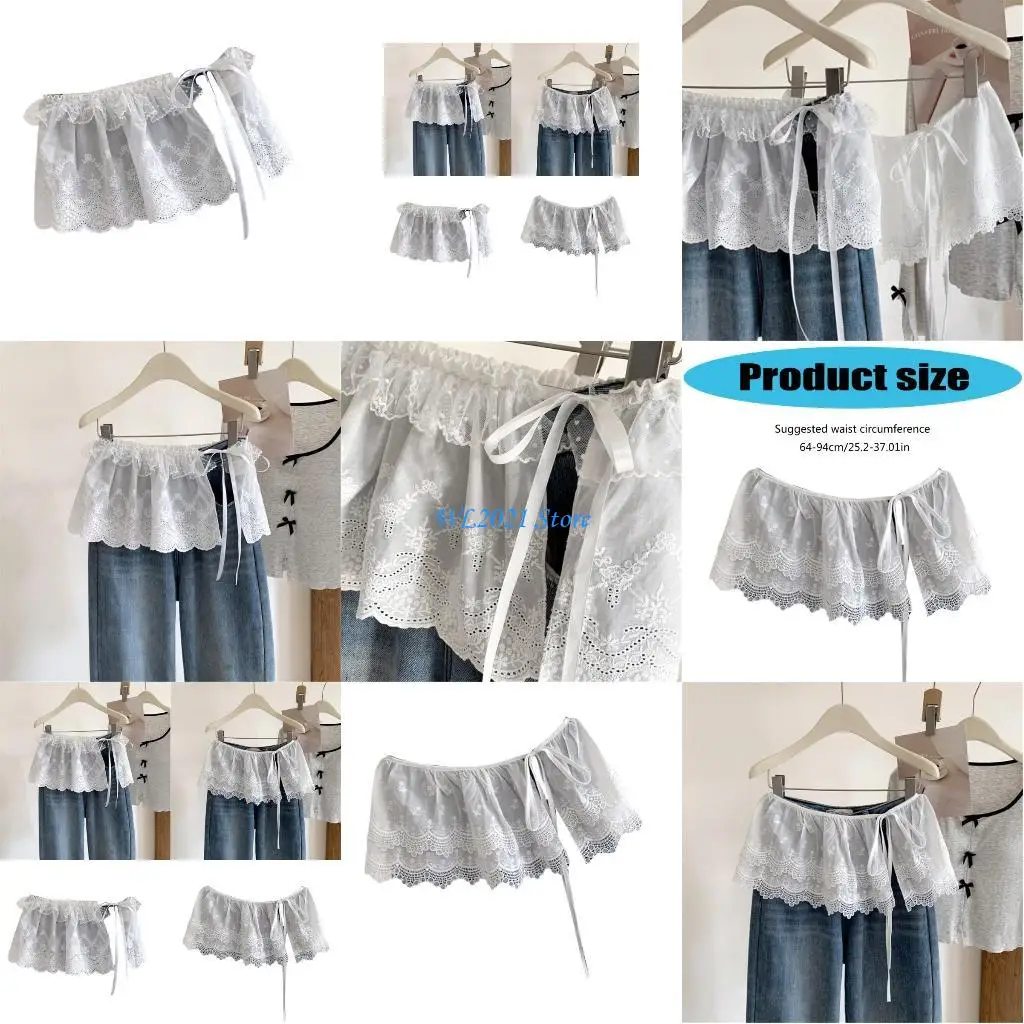 

G5GC Women Elegant Ruffle Layered Half Skirt Korean Hollowout Lace Apron Skirt Tie Up Hip Covering Overskirt Shirt Extender