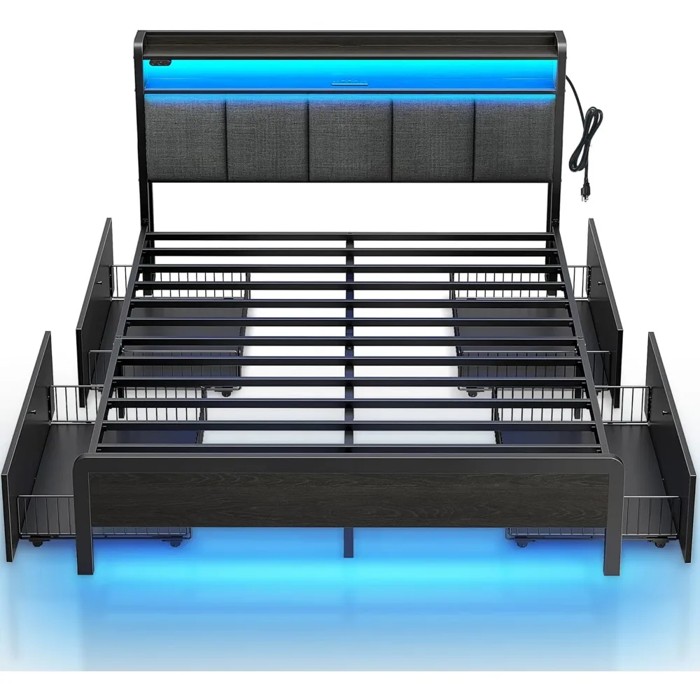 

Bed with Charging Station and LED Lights, Upholstered Storage Headboard with Drawers, Heavy Duty Metal Slats