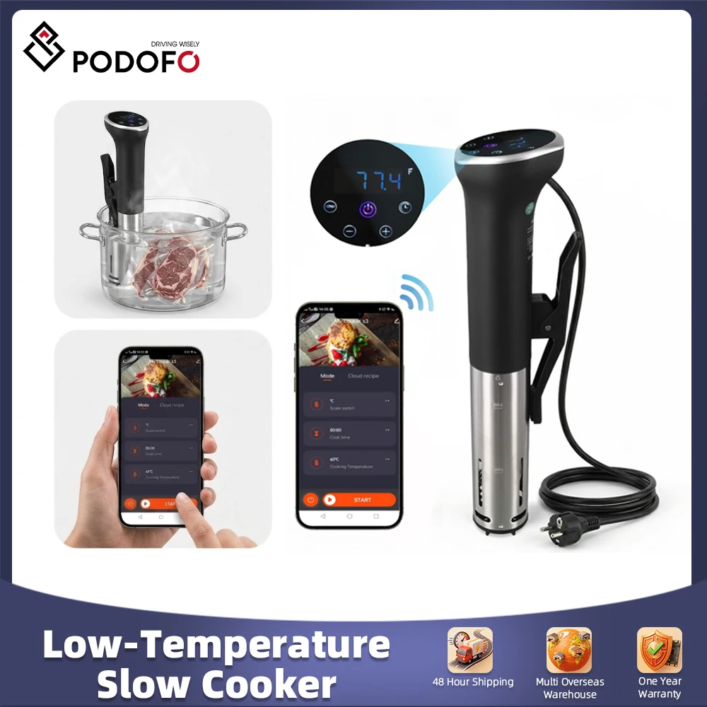 Podofo - Olla de Cocción al Vacío de 1400 W con Enchufe Europeo, Pantalla Digital y Temporizador, Control de Temperatura (10 ° C~90 ° Circulador de inmersión con recetas, alarmas, temporizador, kit de accesorios de cocina para cocinar