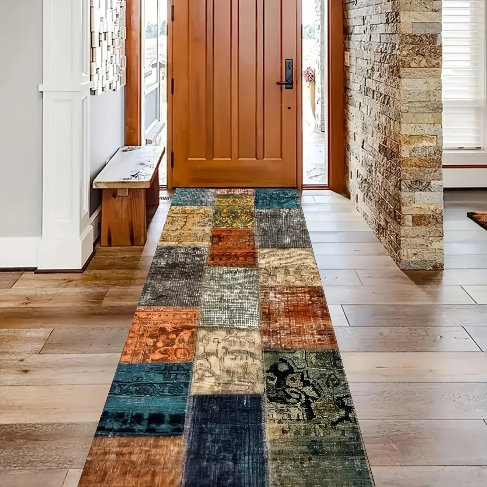 VIKAMA Retro Distressed Patchwork Ethnic Style Long Strip Carpet, Anti-Slip And Wear-Resistant Corridor Mat, Kitchen Floor Mat