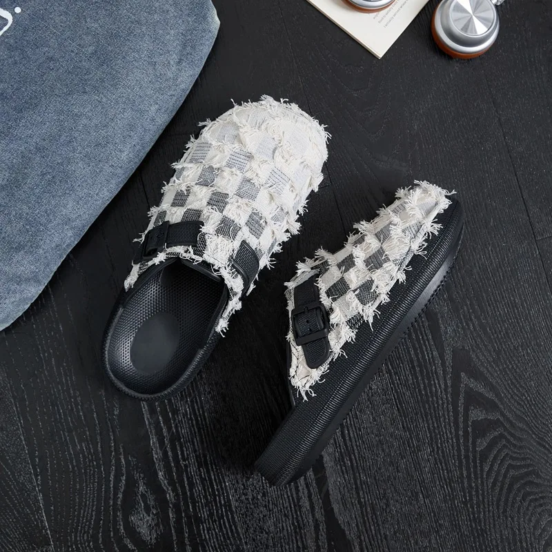 Denim Baotou Slippers 2026 Summer Fashion Retro Half Dragged Boken Shoes for Men