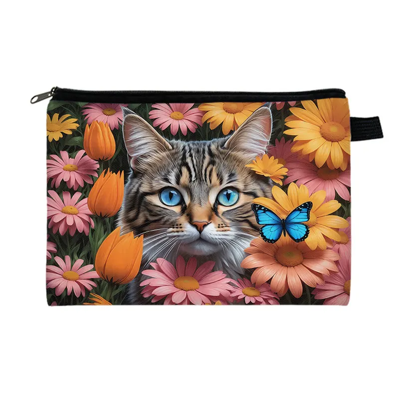 Estuche de cosméticos con estampado de gatito Kawaii para mujer, organizador de maquillaje, bolsa de almacenamiento de servilletas, bolsa de artículos de tocador para mujer, mariposa, flores, gato