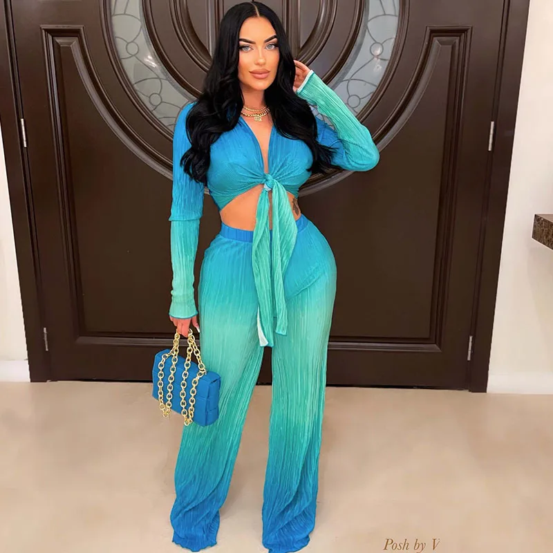 

Elegant Gradient Print Two Piece Set for Women 2023 Autumn Winter Long Sleeve Lace-up Crop Top and Wide Leg Pants Matching Sets