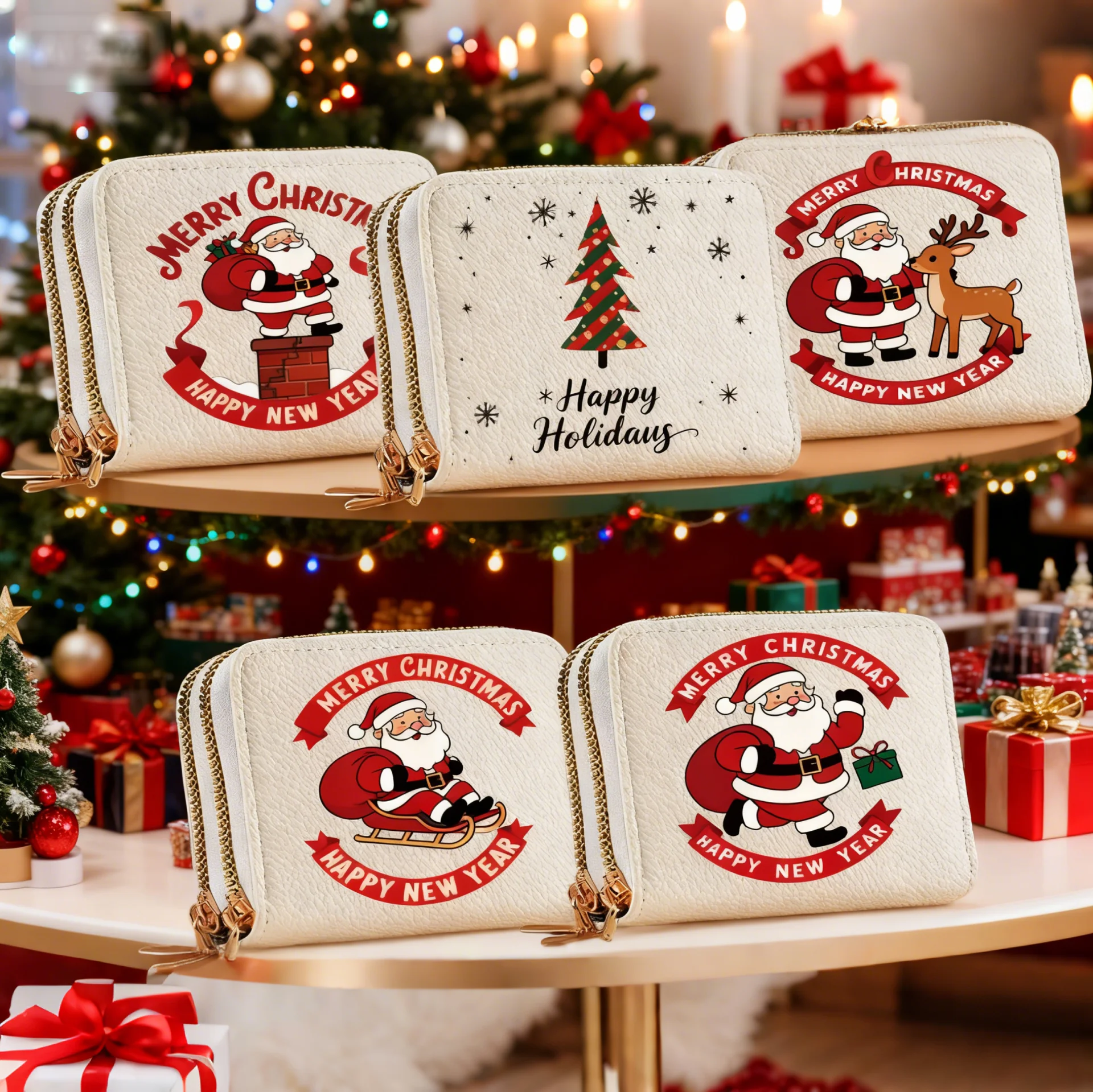 Modische klassische Litschi-Maserung Weihnachtsmann-Geldbörse, Kartenhalter, Akkordeontasche, Doppelreißverschluss, multifunktionale tragbare Geldbörse