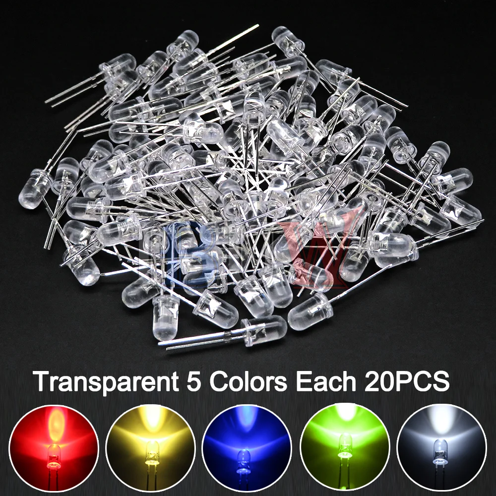 Assorted led diodo kit, 5mm, branco, verde, vermelho, azul, amarelo, laranja, rosa, roxo, branco quente, diy, 100 pcs/lot