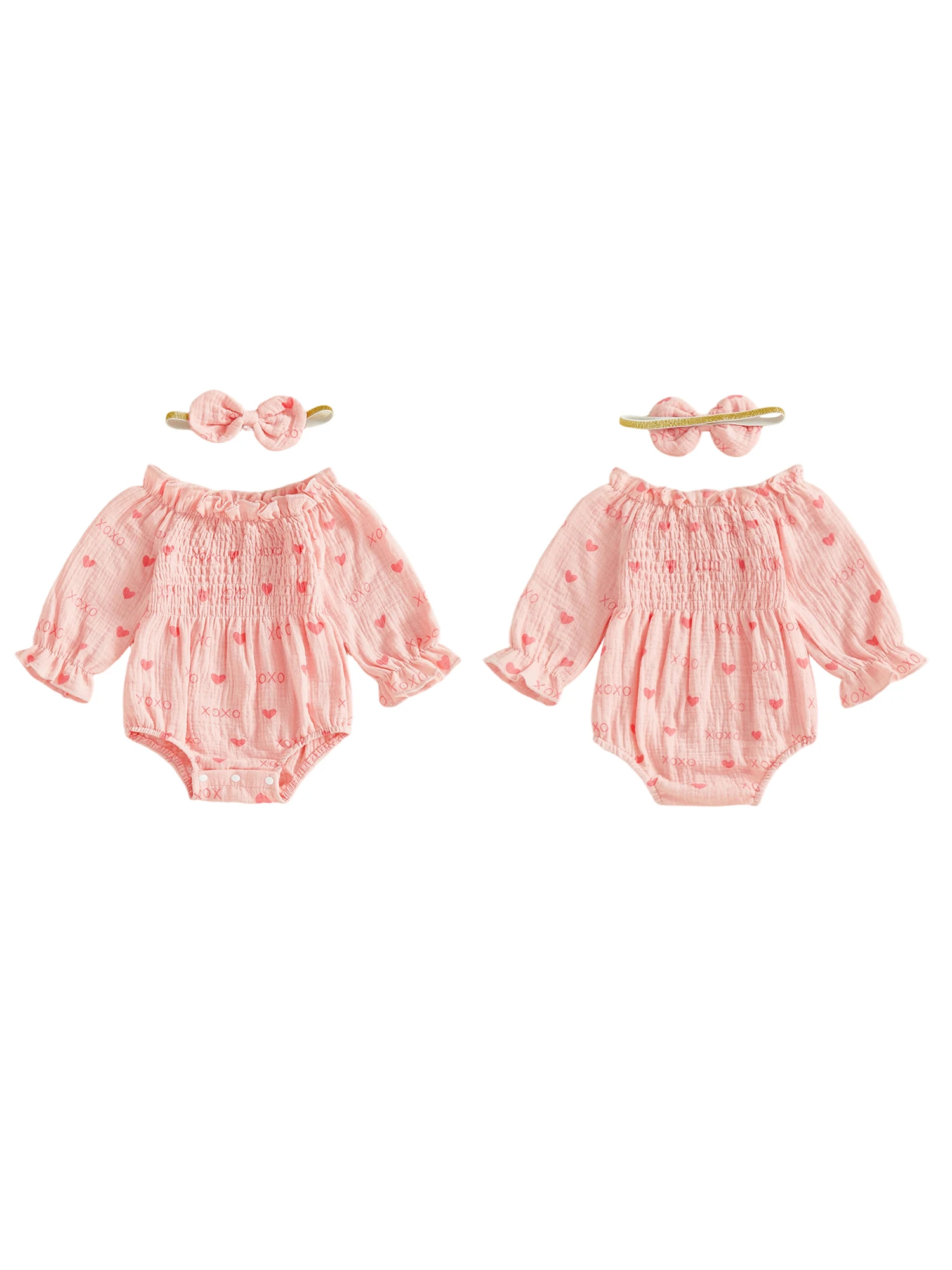 

Комбинезон на День святого Валентина для маленьких девочек в форме сердца, комбинезон с длинными рукавами и принтом сердца, и координационная повязка на голову для ребенка