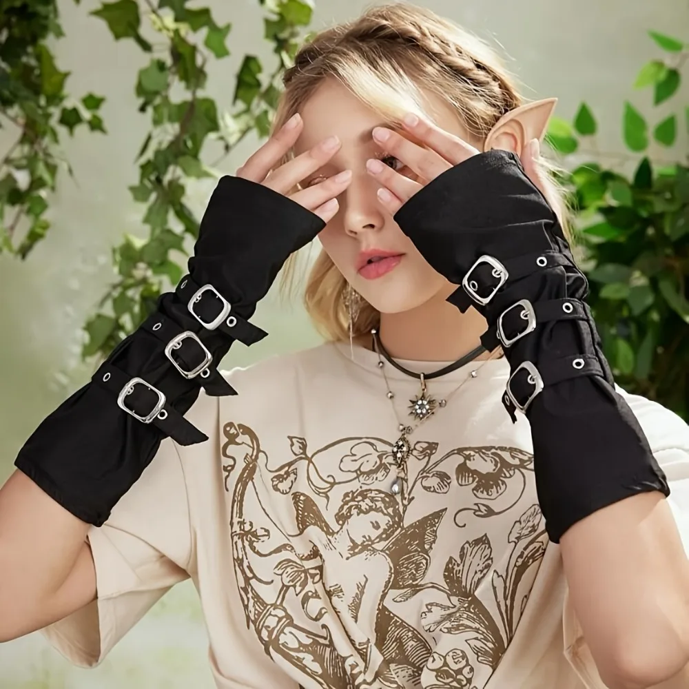 Costume di Halloween Moda Fibbia in metallo punk scuro con guanti a dita esposti Accessorio per maniche con bottoni per feste