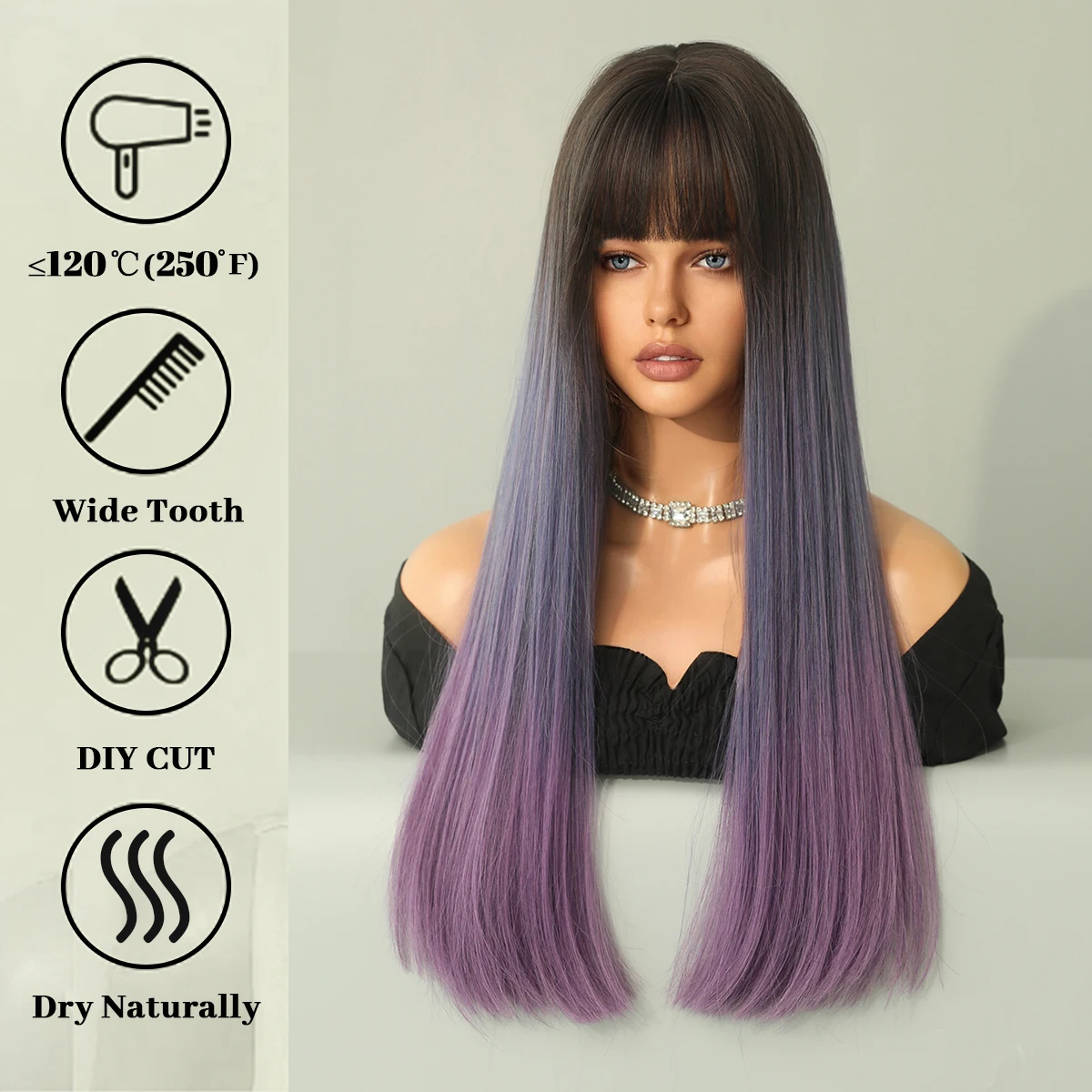 Long Straight Synthetic Wigs Purple Ombre Wigs with Bangs for Women Use for Cosplay Daily Lolita Natural Hair Heat Resistant