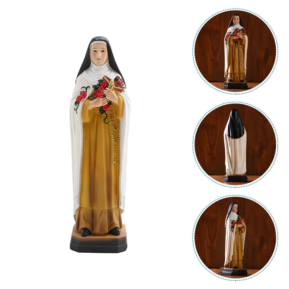 

Classic Nun Holding Flowers Resin Statue Decor for Office Church Table Shelf Indoor Display Religious Catholicism Adornment