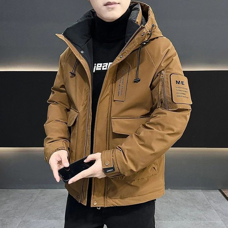 

Men's Winter Trend Brand Thick Warm Casual Short Hooded Cargo Down Coat Relaxation casual loose Hooded Down Jacket Greatcoat