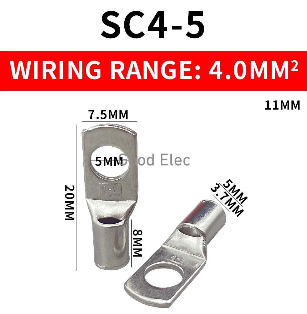 100PCS SC4-4 SC4-5 SC4-6 SC4-8 tinned copper 4mm 5mm 6mm bolt hole 4.0mm² cable lug battery connector crimping terminal