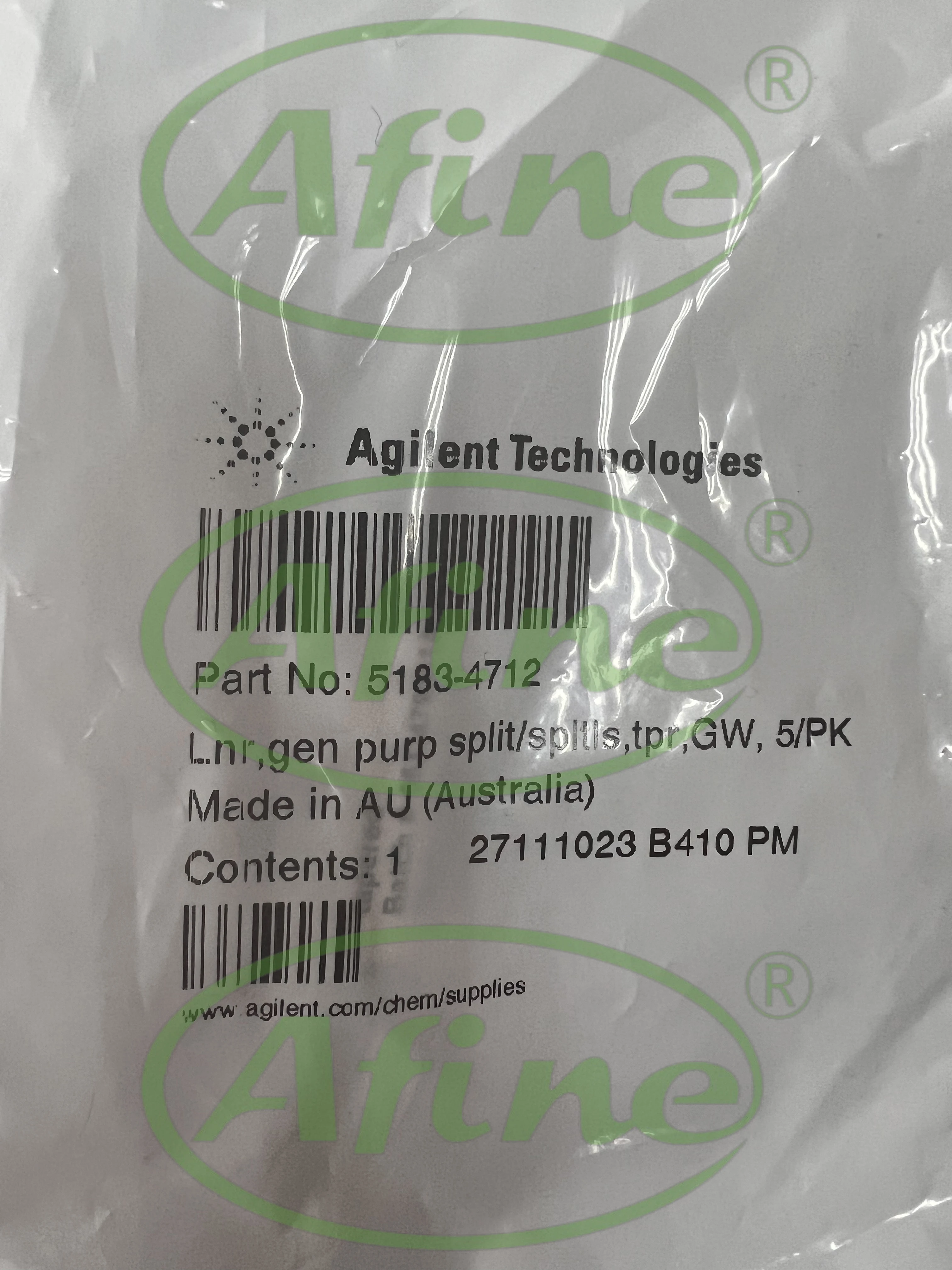 AFINE Agilent 5183-4712 Split Inlet Liner with Single Taper, Glass Wool, Deactivated, 5/pk