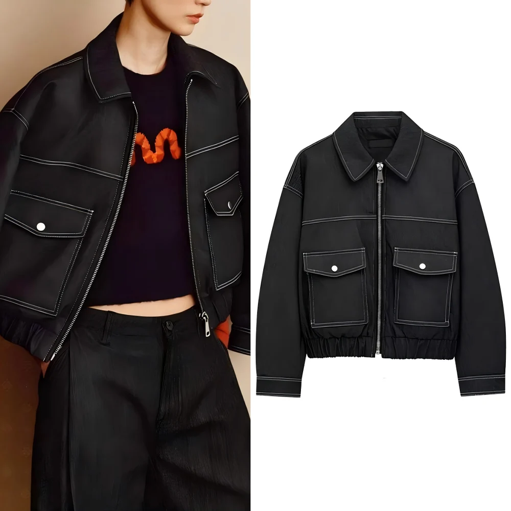 

Women's new fashion flap pocket decoration casual denim effect jacket Coat retro long sleeved zipper women's Coat chic top